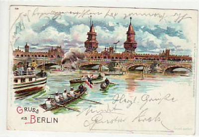 Berlin Friedrichshain Oberbaumbrücke Litho Rudern 1898