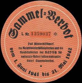 Sammel-Verbot vom 1. Juni 1941 bis 31. Mai 1942