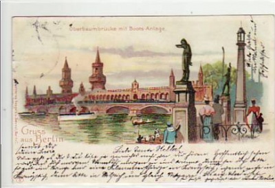 Berlin Friedrichshain Oberbaumbrücke Litho von 1901