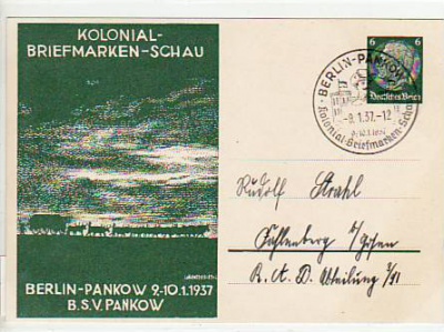 Berlin Pankow Kolonial-Briefmarken-Schau 1937 Privat-Ganzsache