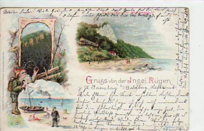 Saßnitz Sassnitz Rügen Litho mit Zwerg,Fischer,Königstuhl 1901