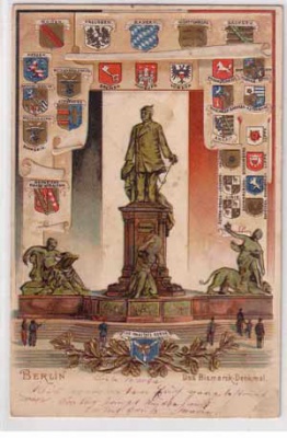 Berlin Tiergarten Bismarck-Denkmal Prägekarte mit Wappen 1907