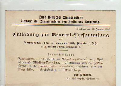 Berlin Rixdorf Bund Deutscher Zimmermeister Einladung 1907