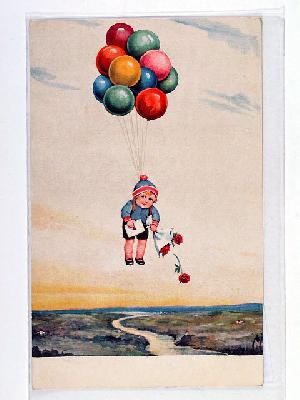 Junge mit Luftballons und Blumen