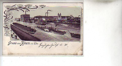 Aken an der Elbe Fabrik,Raddampfer,Frachtschiffe,Litho 1901