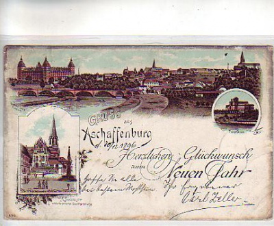 Aschaffenburg Litho Glückwunsch neujahr 1896