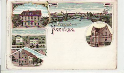 Nerchau bei Grimma Litho mit Postamt und Schule 1898