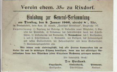 Berlin Rixdorf Einladung Verein ehem. 35er von 1906