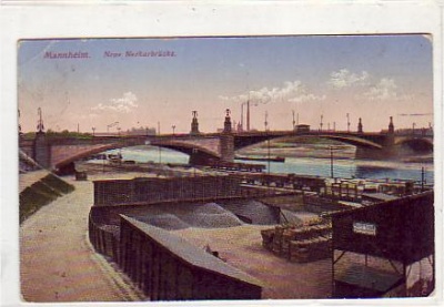 Mannheim Neckarbrücke und Eisenbahn 1916