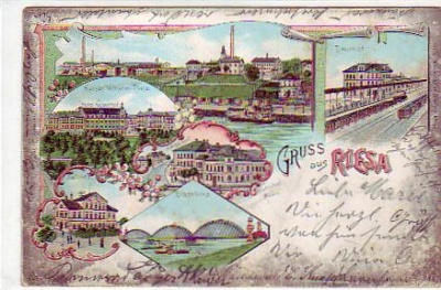 Riesa an der Elbe , Litho mit Bahnhof 1899
