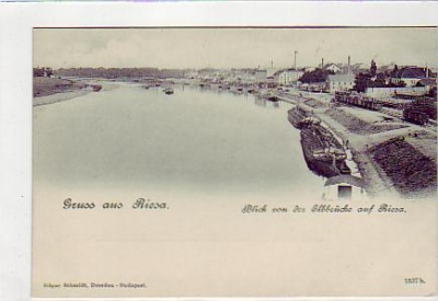 Riesa an der Elbe mit Schiffen und Eisenbahn vor 1907