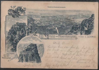Thale Panorama von Hexentanzpaltz Fabrik L. Schmid Litho 1901